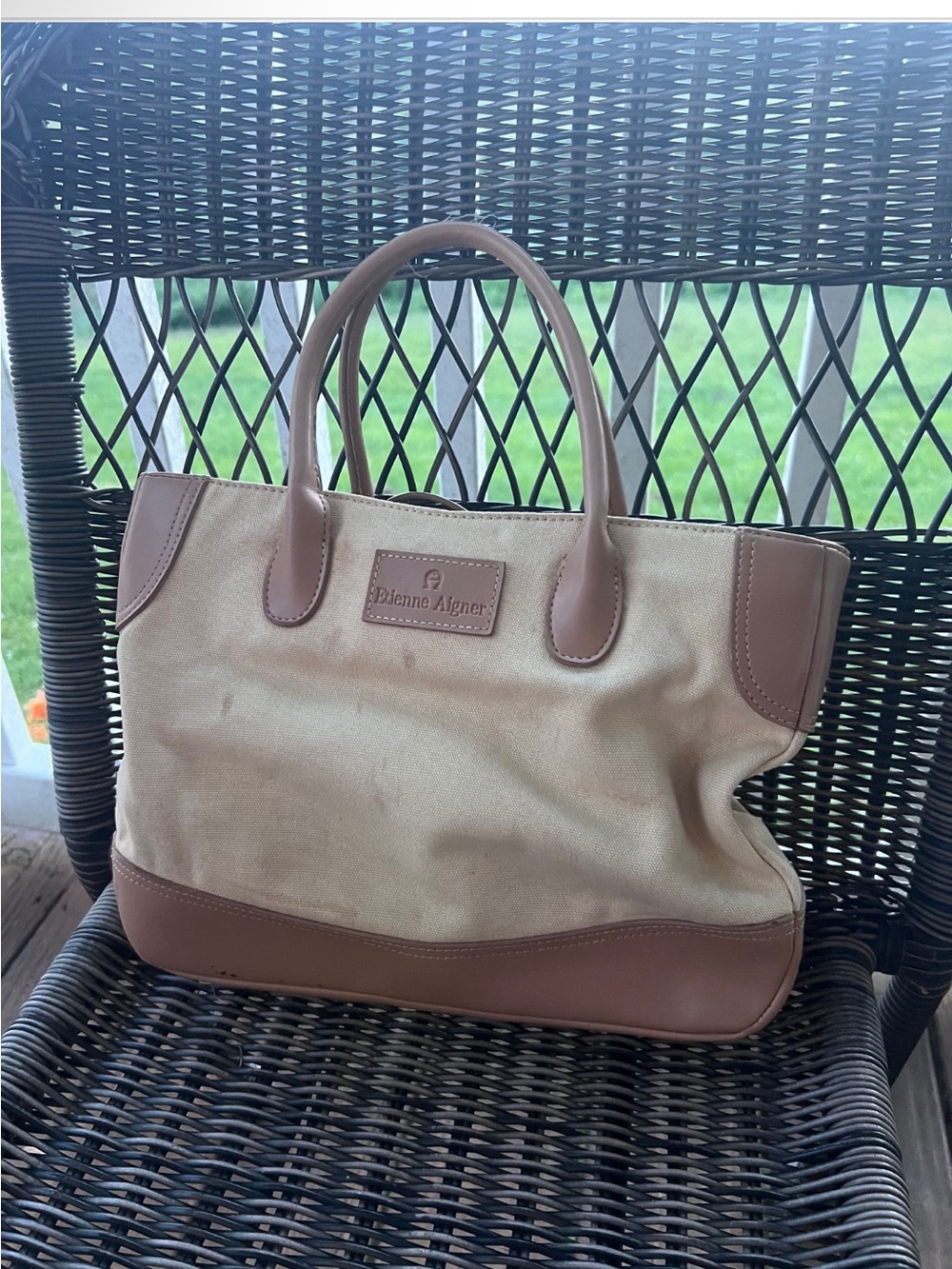 Etienne Aigner Beige Canvas Tote with Brown Leather Trim